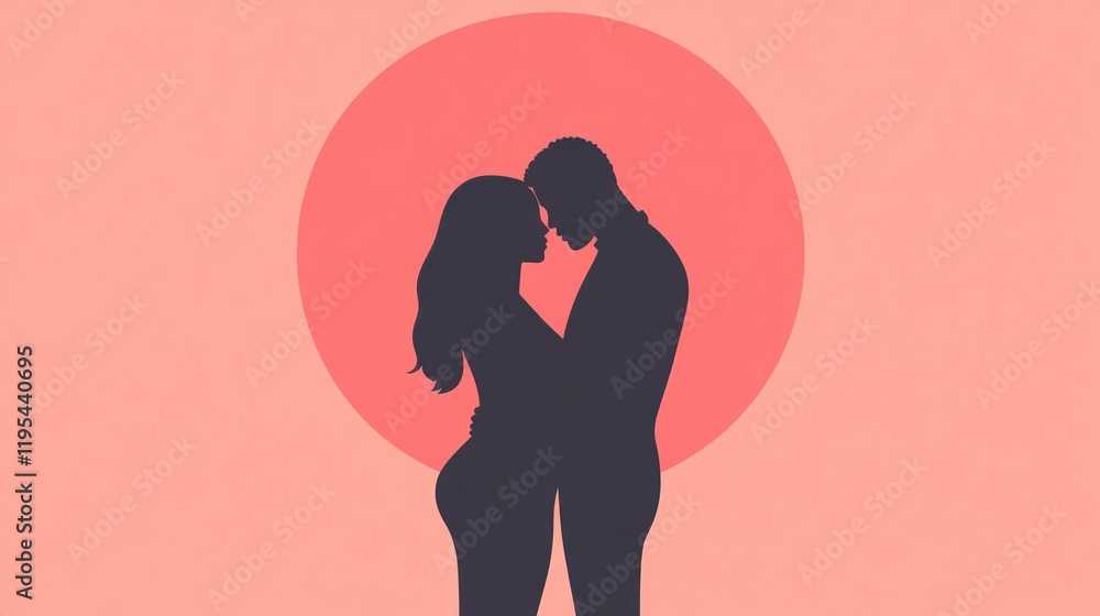 Silhouette of romantic couple embracing against a large coral circle on a pink background. Silhouette of romantic couple embracing against a large coral circle on a pink background.