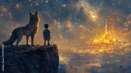 A boy and his wolf companion standing on the edge of a cliff, gazing at a distant glowing city beneath a star-filled sky