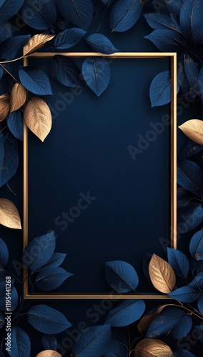 Gold frame, blue leaves, dark background; elegant invitation template