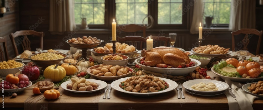 A bountiful spread of traditional Thanksgiving dishes on a long wooden table, utensils, spread A bountiful spread of traditional Thanksgiving dishes on a long wooden table, utensils, spread