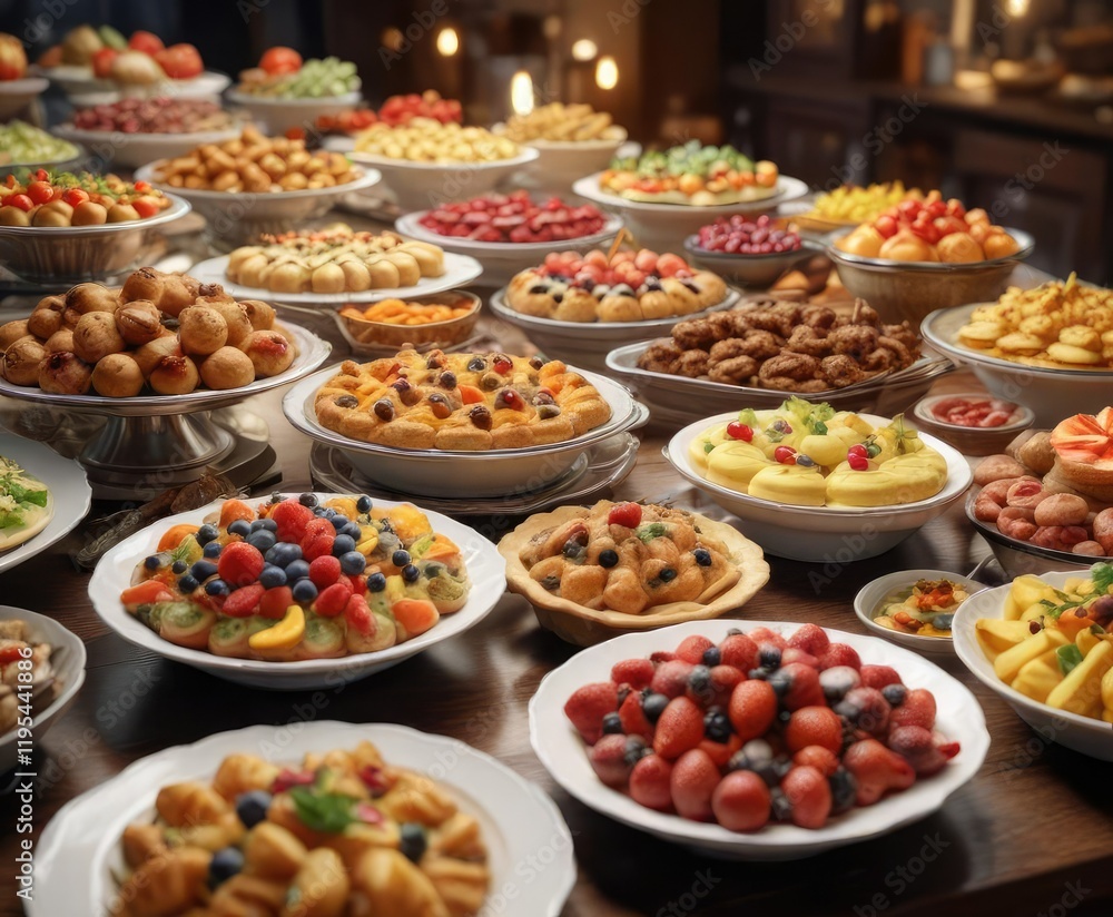 A bountiful buffet with an array of colorful dishes and desserts, spread, buffet A bountiful buffet with an array of colorful dishes and desserts, spread, buffet