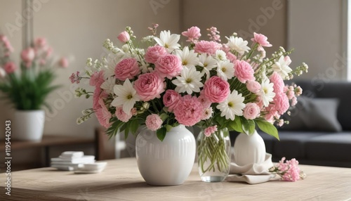 Wallpaper Mural A bouquet of pink and white flowers in a vase on a coffee table, lovely arrangement, fresh cut flowers Torontodigital.ca