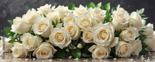 A bouquet of white roses with a few pieces of white chocolate scattered around the base , gift, luxury photo