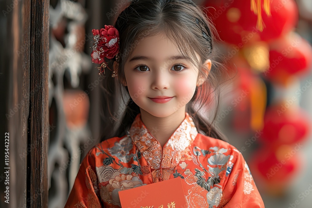 Young girl in traditional clothing holding red envelope during festive celebration, surrounded by vibrant decorations and cultural symbols of joy and prosperity. Young girl in traditional clothing holding red envelope during festive celebration, surrounded by vibrant decorations and cultural symbols of joy and prosperity.