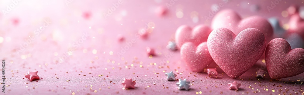 Obraz premium A soft pink backdrop with hearts and stars, ideal for baby showers, romantic events, or women's day celebrations.