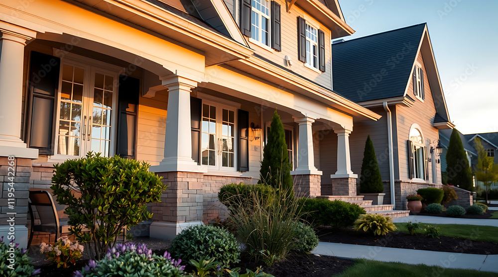 Luxury House Exterior at Sunset: Dream Home Architecture, Landscaping, and Real Estate Luxury House Exterior at Sunset: Dream Home Architecture, Landscaping, and Real Estate