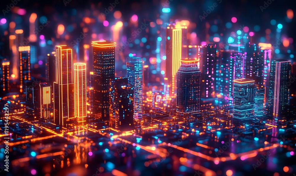smart buildings with neon blueprints highlighting advanced technologies smart buildings with neon blueprints highlighting advanced technologies