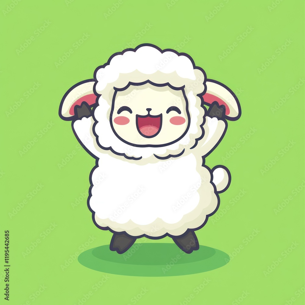 Obraz premium White sheep with arms up on a green background for children's content