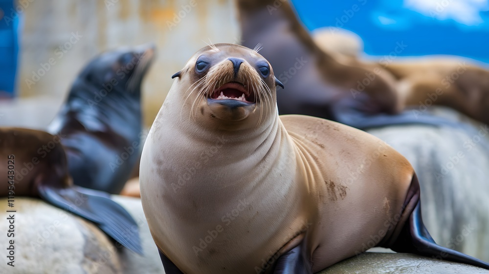 Fototapeta premium A seal is currently laying on a large rock with its mouth open wide