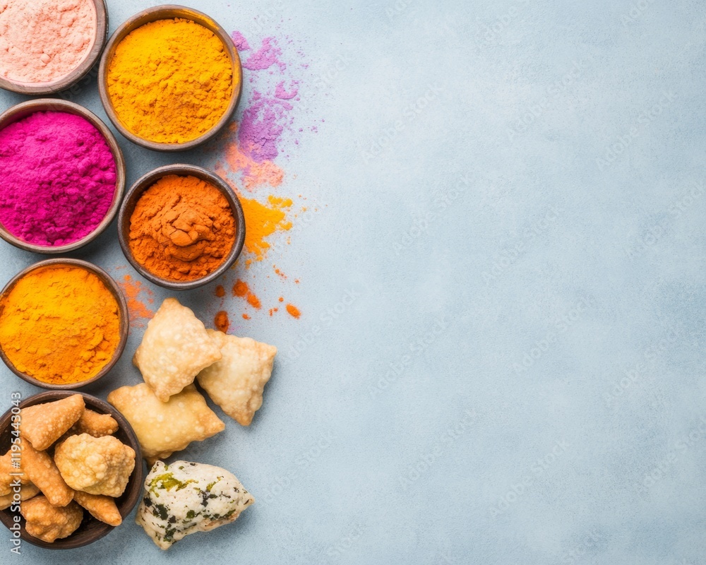 Festive Holi Snacks and Colors - Holi Celebration with Vibrant Powder and Traditional Snacks, Suitable for Holi, Diwali, and Christmas Festivities Festive Holi Snacks and Colors - Holi Celebration with Vibrant Powder and Traditional Snacks, Suitable for Holi, Diwali, and Christmas Festivities