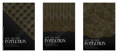 Elegant Luxury invitation Card frame art deco flyer, template set. Golden geometric gradient on dark background. Premium design for gala, grand opening, party invitation, layout.	