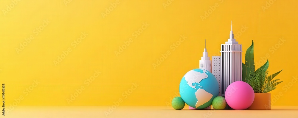 Naklejka premium Colorful 3D Cityscape with Globe and Green Plants on Yellow Background