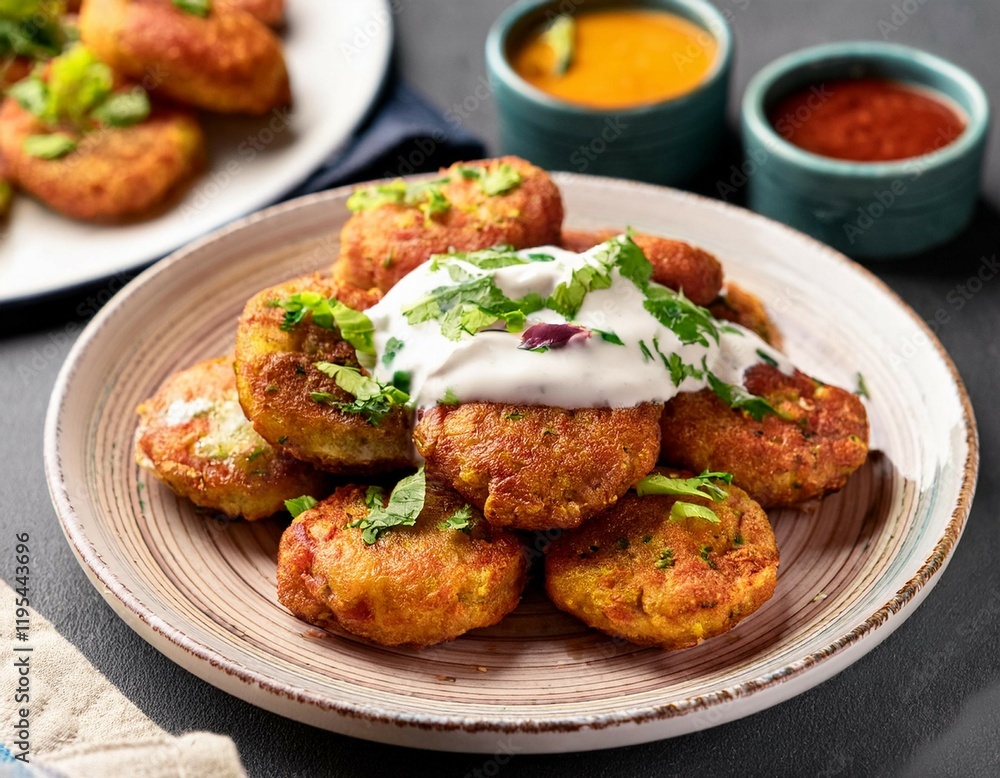 side view of aloo tikki chaat with crispy potato patties layered with yogurt side view of aloo tikki chaat with crispy potato patties layered with yogurt