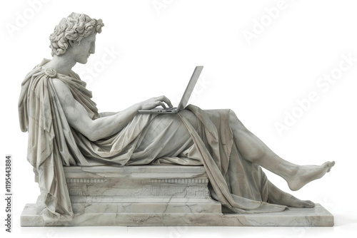 Marble statue of an ancient Greek philosopher seated with a marbler laptop open