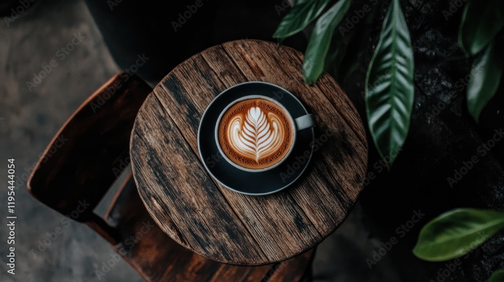 Latte art in a cup on rustic wooden table. Latte art in a cup on rustic wooden table.