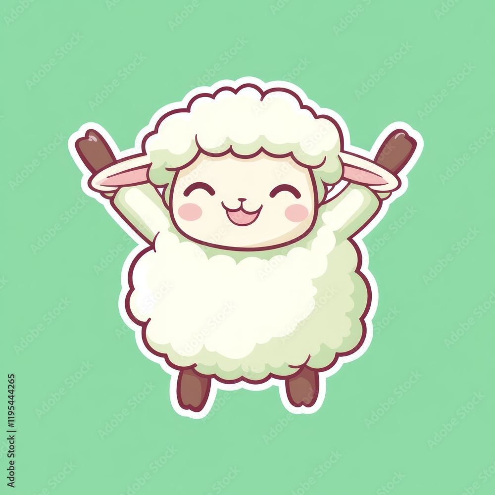 Smiling lamb with raised arms, on solid green background. Possibly for children's material Smiling lamb with raised arms, on solid green background. Possibly for children's material