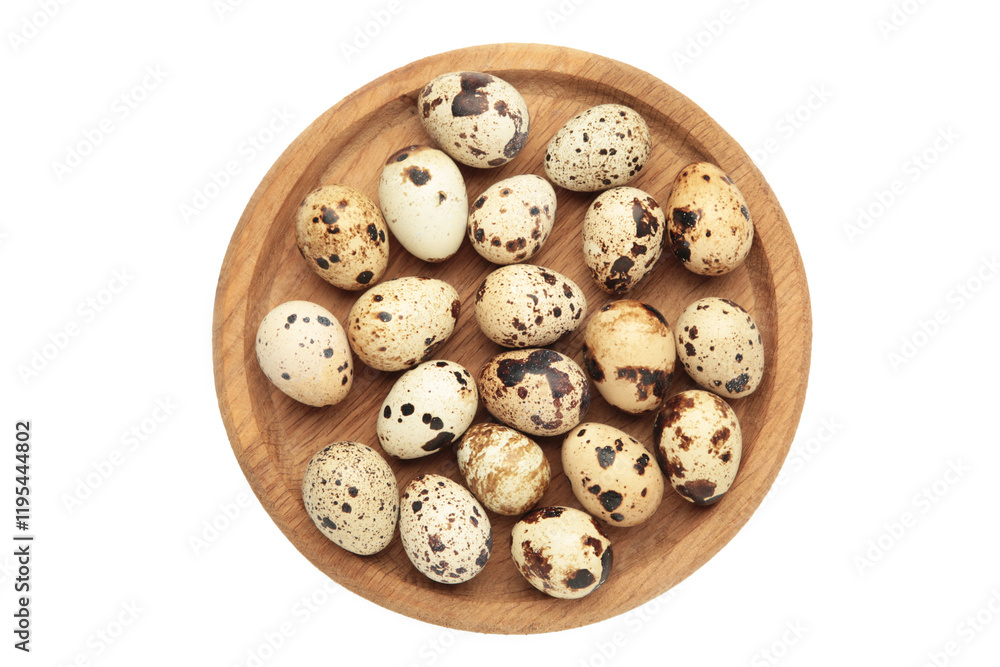 Quail eggs in wooden plate isolated on white background Quail eggs in wooden plate isolated on white background