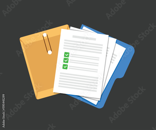 Document. Contract papers. Paper documents. Folder with stamp and text. Stack of agreements document with signature and approval stamp. Concept of paperwork, business documents. Folder, stack papers