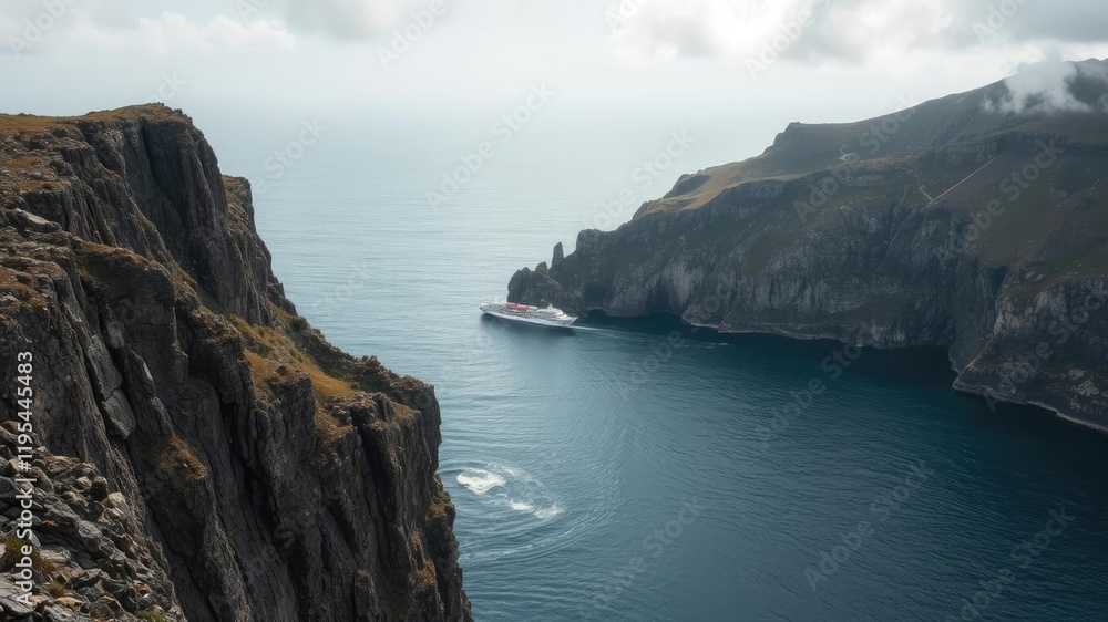A dramatic view of a steep coast jutting into the sea, with a ship visible in the distance, view, maritime, distance A dramatic view of a steep coast jutting into the sea, with a ship visible in the distance, view, maritime, distance