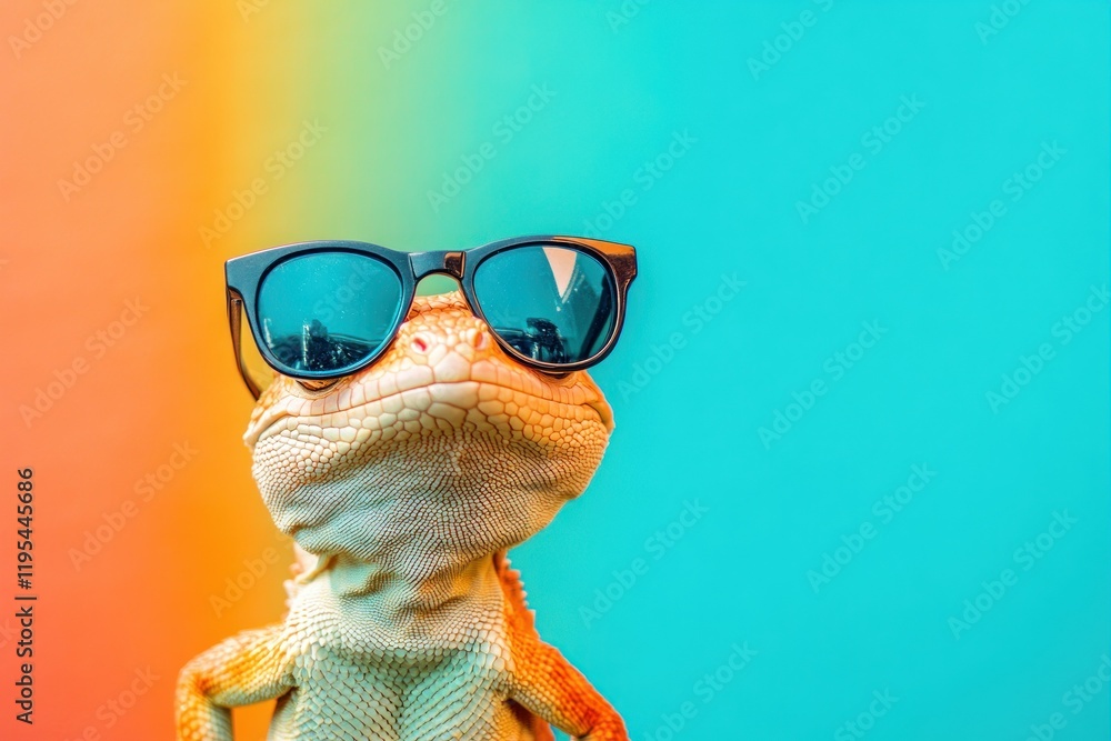 Stylish Lizard in Sunglasses Against Colorful Background Stylish Lizard in Sunglasses Against Colorful Background