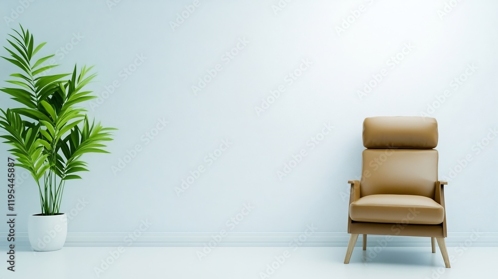 Serene minimalist room features tan leather armchair subtly illuminated by soft light. AI Generated Serene minimalist room features tan leather armchair subtly illuminated by soft light. AI Generated