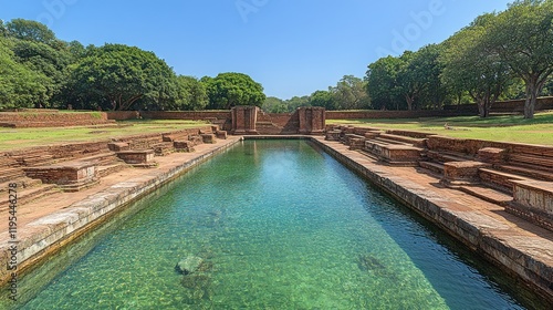 Ancient stone pool in a lush garden setting. photo