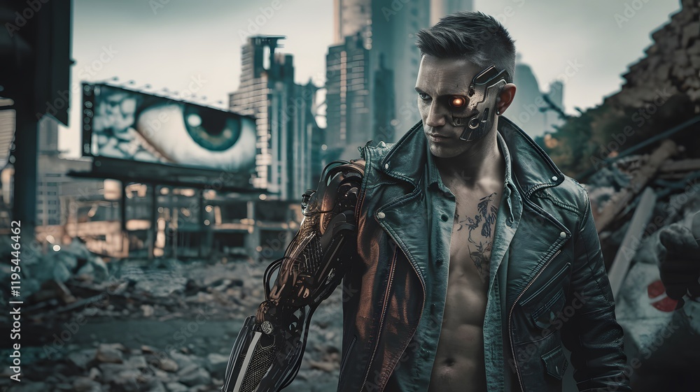 A man in a leather jacket stands in front of a billboard A man in a leather jacket stands in front of a billboard