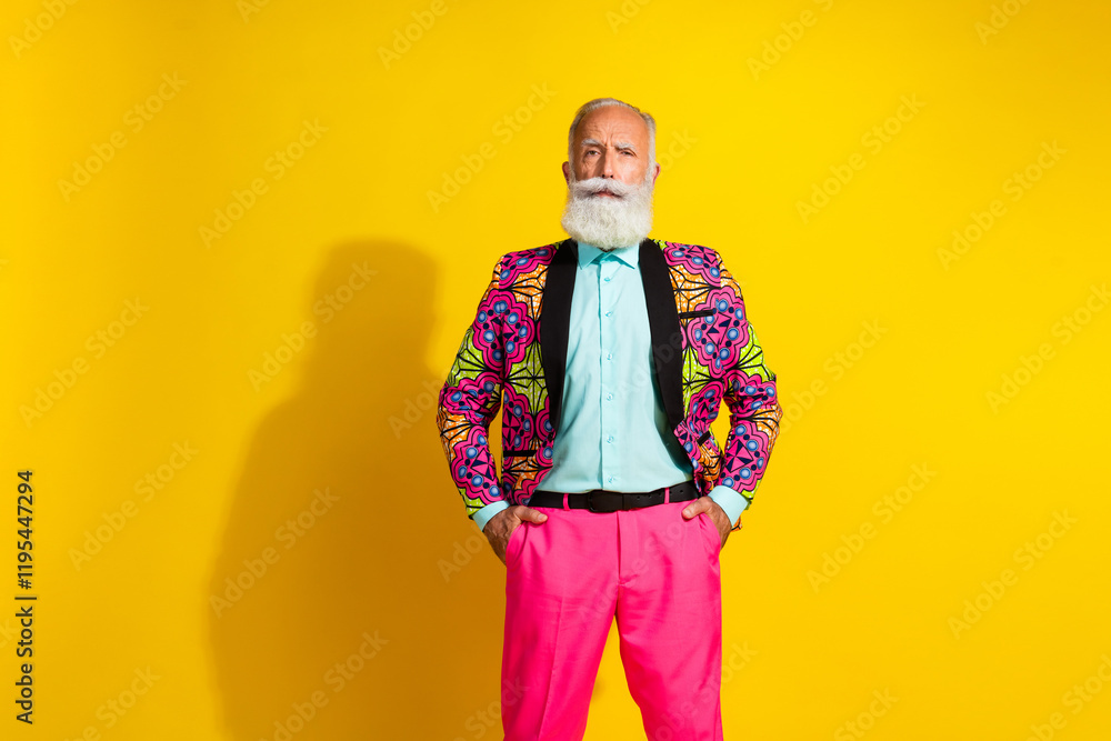Obraz premium Photo of nice looking old showman man standing with hands in pockets wear glamour outfit isolated yellow color background