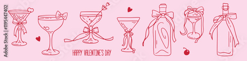 Girly pink cocktail glasses set. Vintage victorian cute coquette style elements collection. Vintage Cocktail, champagne glasses, wine bottels with bow ribbon. Birthday, wedding design. Linear vector