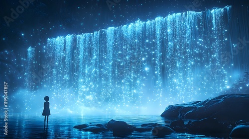 A child standing at the edge of a 3D waterfall glowing with soft blue hues, as 2D animated water droplets sparkle in the mist