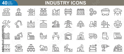 Industry line icons set. Related construction, technology, energy, and more. Vector illustration collection representing diverse sectors and professions.