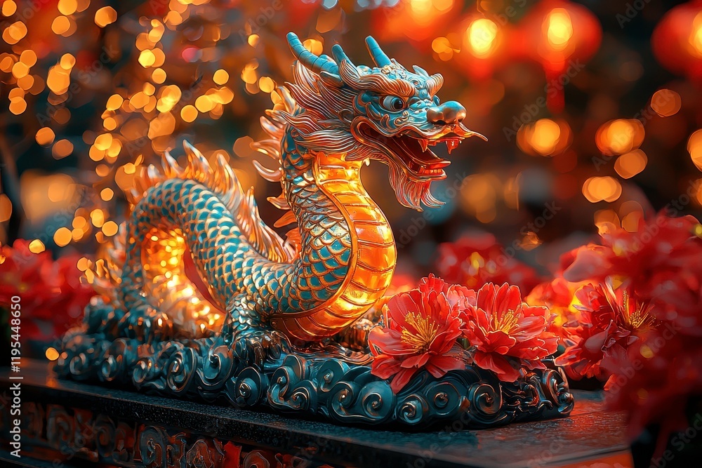 Obraz premium Intricate Dragon Sculpture Illuminated Among Vibrant Flowers and Lanterns Creating a Festive Atmosphere for Celebrations and Cultural Festivals