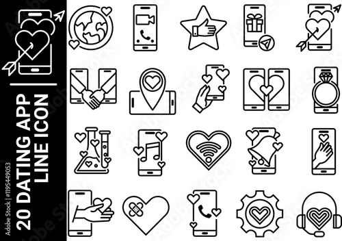 20 dating app line icon, black and white