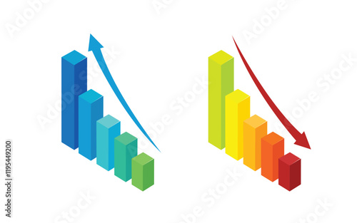 Set of isometric vector illustration isolated on white background, magnifier and chart with up and down arrow, business analytics and financial growth
