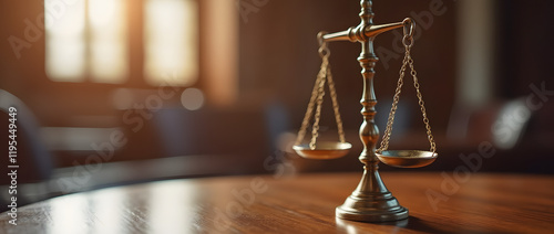 An elegant bronze scale, representing justice, is prominently displayed in a courtroom, symbolizing legal fairness and judicial equilibrium.