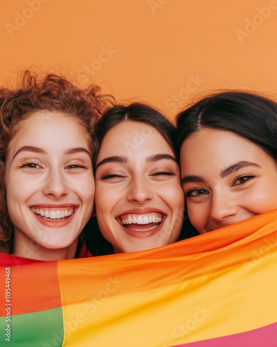 Vibrant Unity in Diversity Young Women Embracing Pride with Rainbow Flag on Bold Orange - Inclusive Social Campaigns and Modern Branding Visuals for Cultural Awareness photo