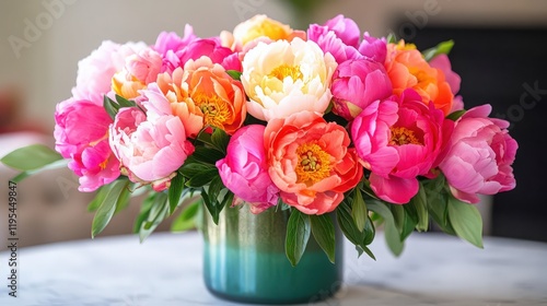 Wallpaper Mural A vibrant bouquet of pink orange and white peonies in a green vase set indoors Torontodigital.ca