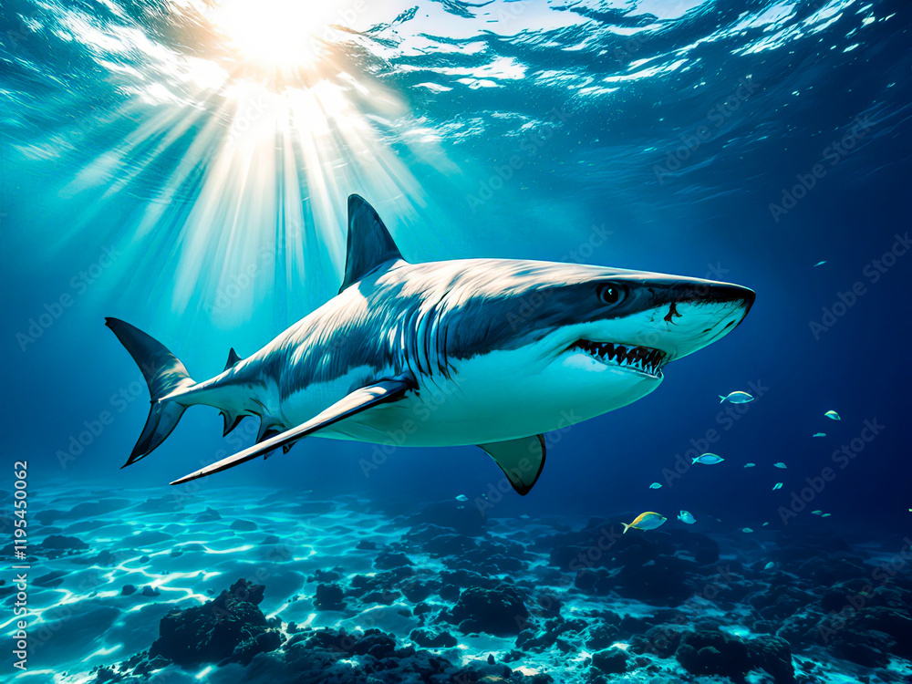 Obraz premium Ocean shark bottom view from below.