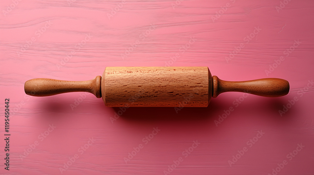 Wooden rolling pin on pink textured background, traditional baking concept