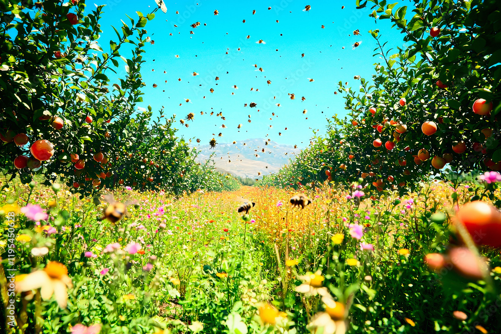 Fototapeta premium Lush orchard with fruit trees and bees