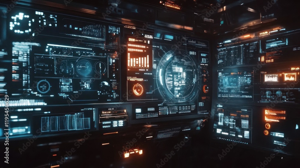 Futuristic Control Room Interface: Cyberpunk Digital Dashboard Displays Futuristic Control Room Interface: Cyberpunk Digital Dashboard Displays