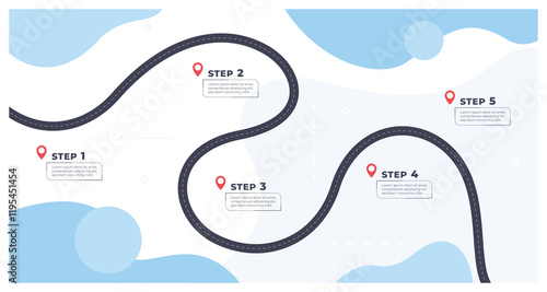 Timeline with execution points. Chronology of the execution of the process on the winding road. Workflow infographics. Vector illustration