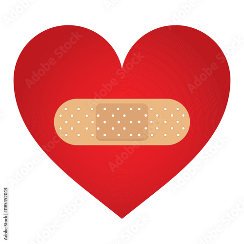 Red Heart fixed with a plaster patch, vector illustration icon or logo, fixed broken heart concept, breakup or divorce, heartbreak regret, separated couple, tragic love.