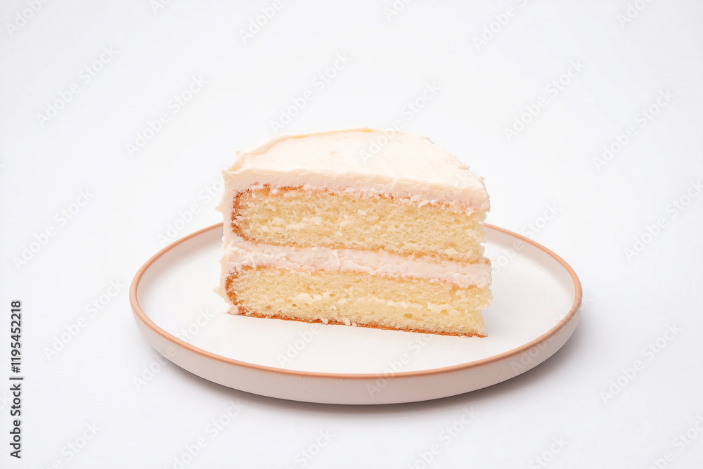 A slice of vanilla cake with pink frosting on a white plate. The cake has two layers and is presented against a plain background, highlighting its texture and color. A slice of vanilla cake with pink frosting on a white plate. The cake has two layers and is presented against a plain background, highlighting its texture and color.