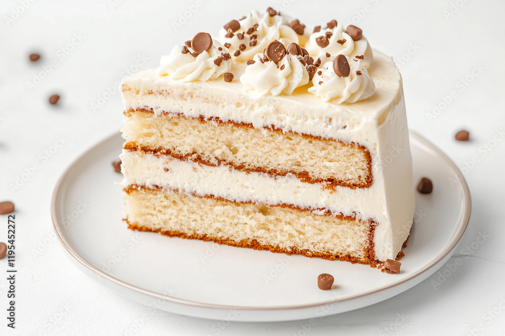 A slice of creamy vanilla cake with layers of frosting and chocolate sprinkles on top, served on a white plate. The background is minimalistic, enhancing the cake's appearance. A slice of creamy vanilla cake with layers of frosting and chocolate sprinkles on top, served on a white plate. The background is minimalistic, enhancing the cake's appearance.
