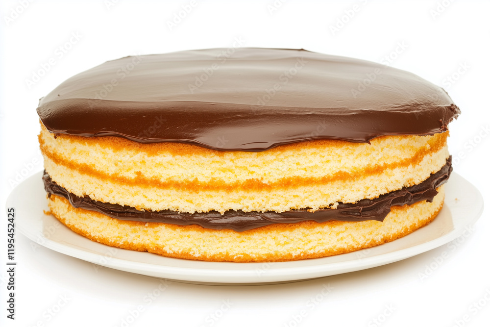A delicious layered cake with a smooth chocolate frosting on top, displayed on a white plate. The cake features three layers of fluffy yellow sponge. A delicious layered cake with a smooth chocolate frosting on top, displayed on a white plate. The cake features three layers of fluffy yellow sponge.