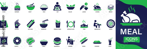 Meal icon set featuring breakfast, lunch, dinner, dishes, food, utensils, nutrition, recipes, dining, and healthy eating symbols for lifestyle design.