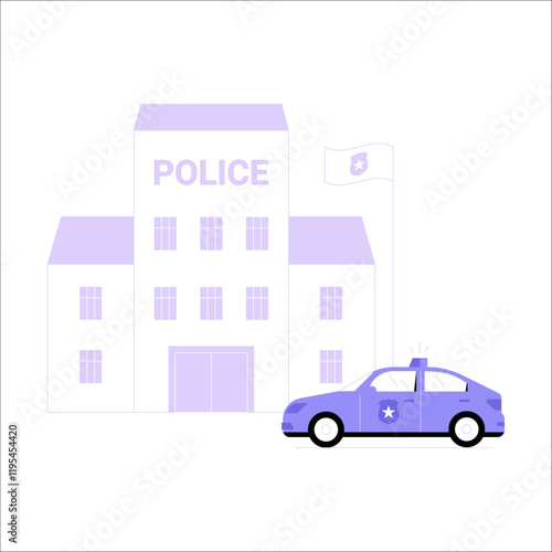 Police Station And Patrol Car In Flat Vector Illustration Symbolizing Law Enforcement, Public Safety, And Security, Isolated On White Background.