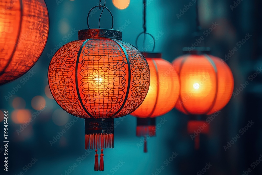 Fototapeta premium Red Chinese Lanterns Glowing in the Night, Creating a Warm and Enchanting Atmosphere with a Soft Focus Background and Beautiful Bokeh Effects