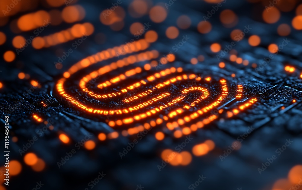 Glowing fingerprint on dark circuit board. Glowing fingerprint on dark circuit board.